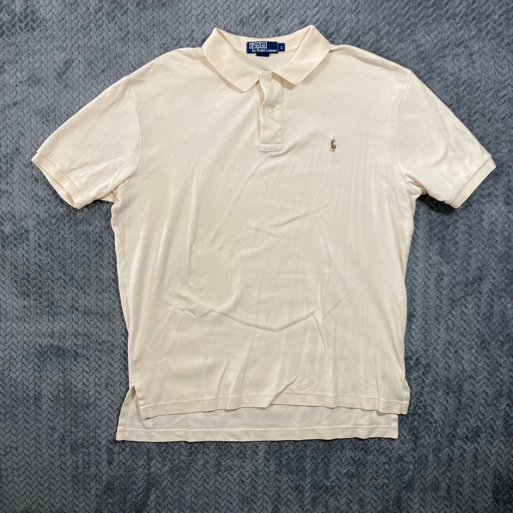 Polo Ralph Lauren Polo Shirt Mens L Classic Fit Cream Embroidered Logo Good